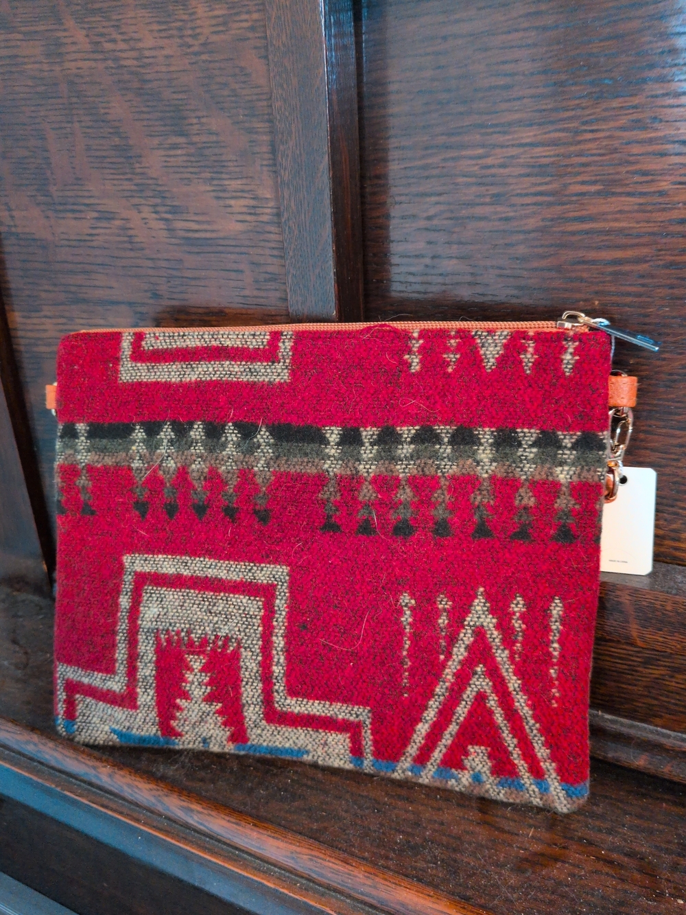 Red Patterned Wool Zip Wristlet Clutch